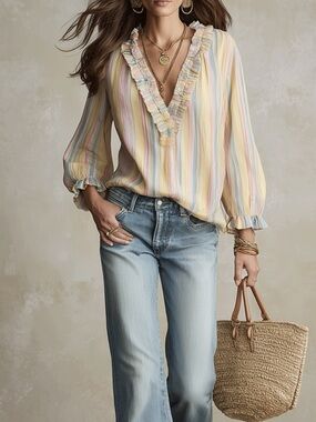 Striped Ruffle-Trim V-Neck Blouse